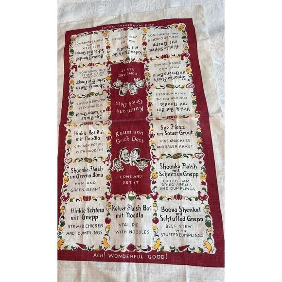 Pennsylvania Dutch Linen Tea Towel  Foodie Meal Translations - Picture 1 of 5